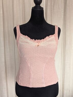 SHEIN Pink Knit Cami Top Mesh Trim Bow Detail
